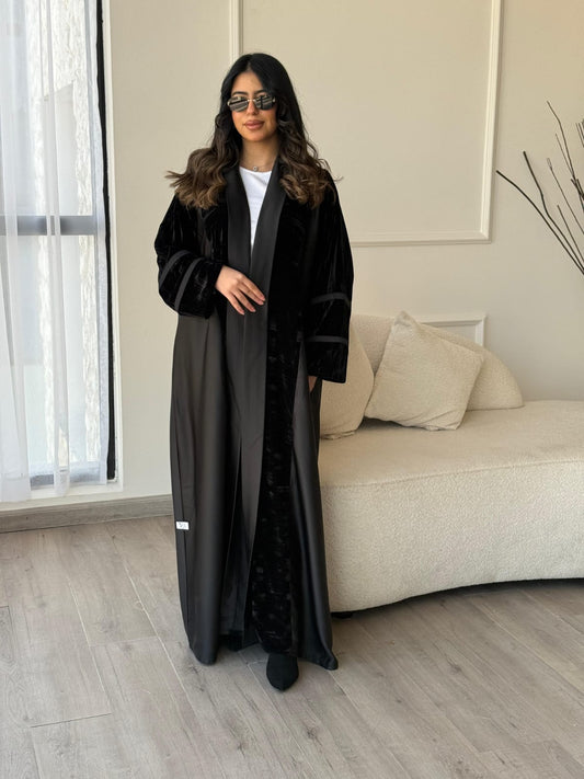 Velvet Trim Open Front Abaya