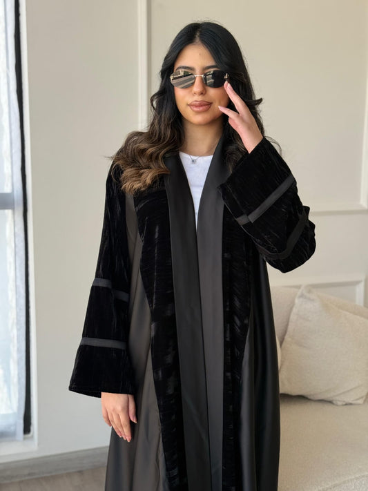 Velvet Trim Open Front Abaya